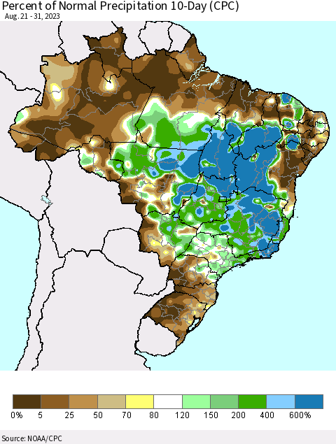 Brazil Percent of Normal Precipitation 10-Day (CPC) Thematic Map For 8/21/2023 - 8/31/2023