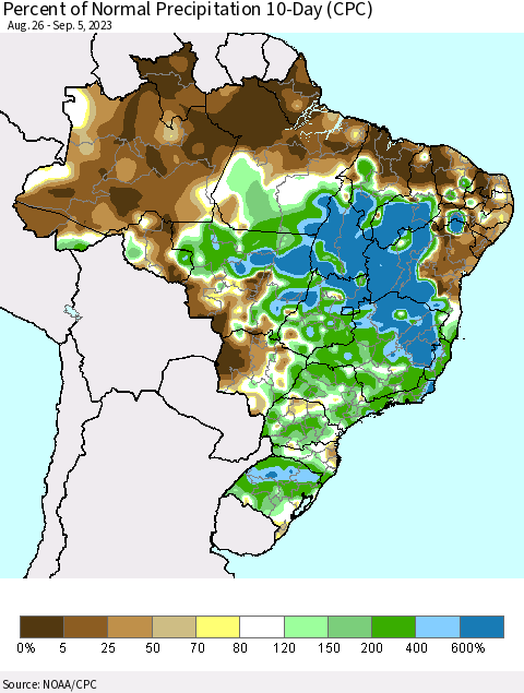 Brazil Percent of Normal Precipitation 10-Day (CPC) Thematic Map For 8/26/2023 - 9/5/2023