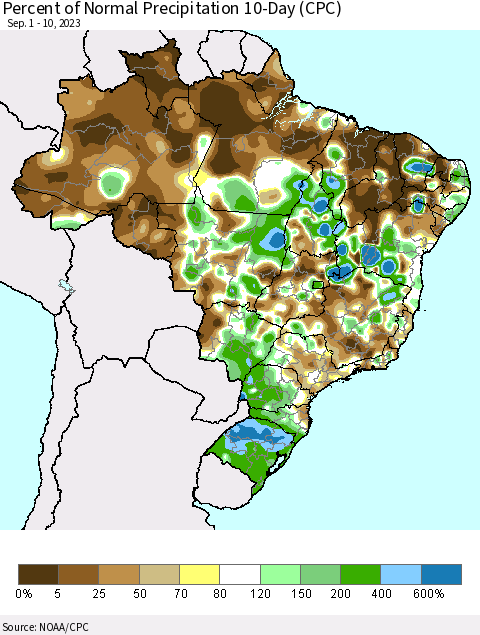 Brazil Percent of Normal Precipitation 10-Day (CPC) Thematic Map For 9/1/2023 - 9/10/2023
