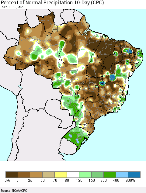 Brazil Percent of Normal Precipitation 10-Day (CPC) Thematic Map For 9/6/2023 - 9/15/2023