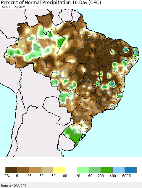Brazil Percent of Normal Precipitation 10-Day (CPC) Thematic Map For 9/11/2023 - 9/20/2023