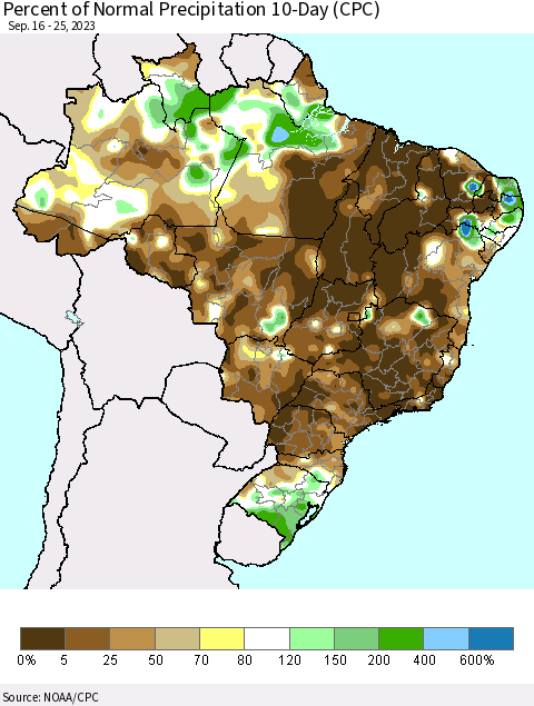 Brazil Percent of Normal Precipitation 10-Day (CPC) Thematic Map For 9/16/2023 - 9/25/2023