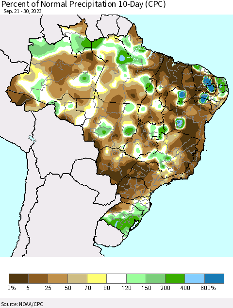 Brazil Percent of Normal Precipitation 10-Day (CPC) Thematic Map For 9/21/2023 - 9/30/2023