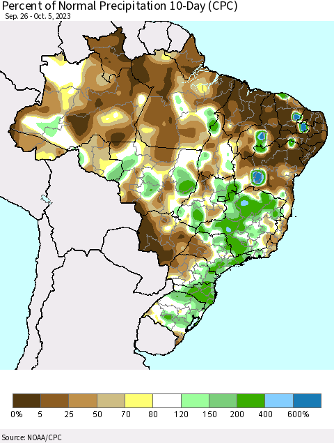 Brazil Percent of Normal Precipitation 10-Day (CPC) Thematic Map For 9/26/2023 - 10/5/2023