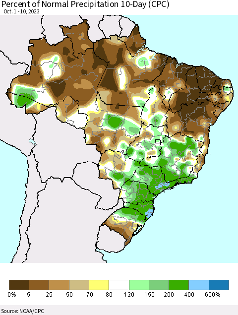Brazil Percent of Normal Precipitation 10-Day (CPC) Thematic Map For 10/1/2023 - 10/10/2023