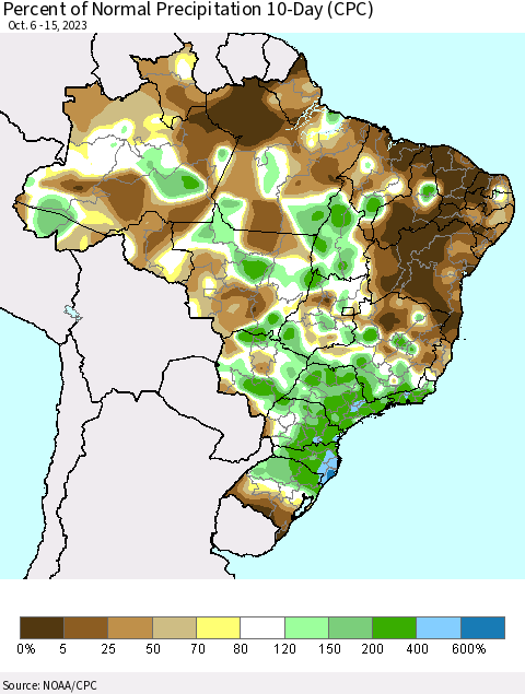 Brazil Percent of Normal Precipitation 10-Day (CPC) Thematic Map For 10/6/2023 - 10/15/2023