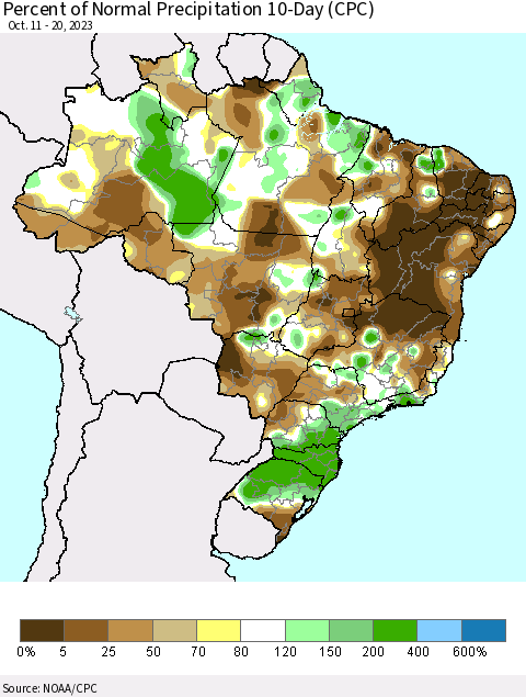 Brazil Percent of Normal Precipitation 10-Day (CPC) Thematic Map For 10/11/2023 - 10/20/2023