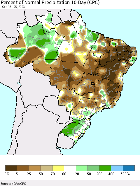 Brazil Percent of Normal Precipitation 10-Day (CPC) Thematic Map For 10/16/2023 - 10/25/2023