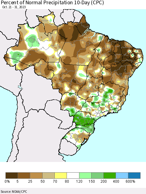 Brazil Percent of Normal Precipitation 10-Day (CPC) Thematic Map For 10/21/2023 - 10/31/2023