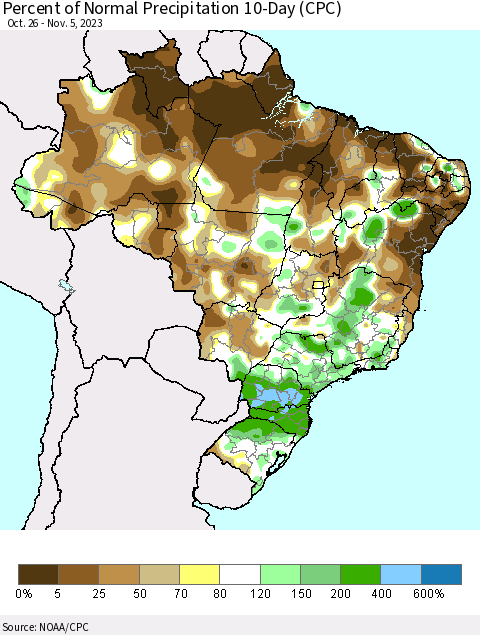 Brazil Percent of Normal Precipitation 10-Day (CPC) Thematic Map For 10/26/2023 - 11/5/2023