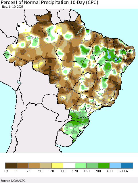 Brazil Percent of Normal Precipitation 10-Day (CPC) Thematic Map For 11/1/2023 - 11/10/2023