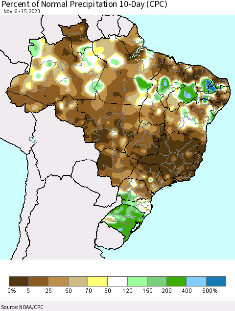 Brazil Percent of Normal Precipitation 10-Day (CPC) Thematic Map For 11/6/2023 - 11/15/2023