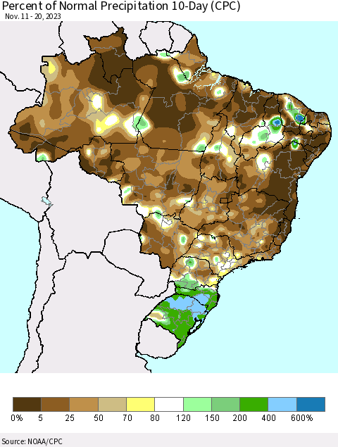 Brazil Percent of Normal Precipitation 10-Day (CPC) Thematic Map For 11/11/2023 - 11/20/2023