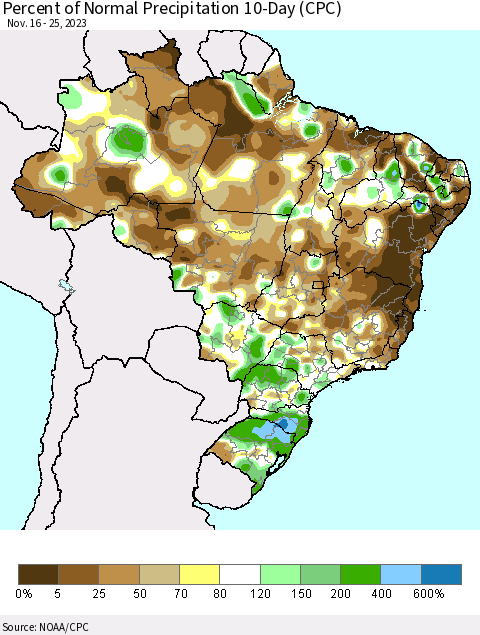 Brazil Percent of Normal Precipitation 10-Day (CPC) Thematic Map For 11/16/2023 - 11/25/2023