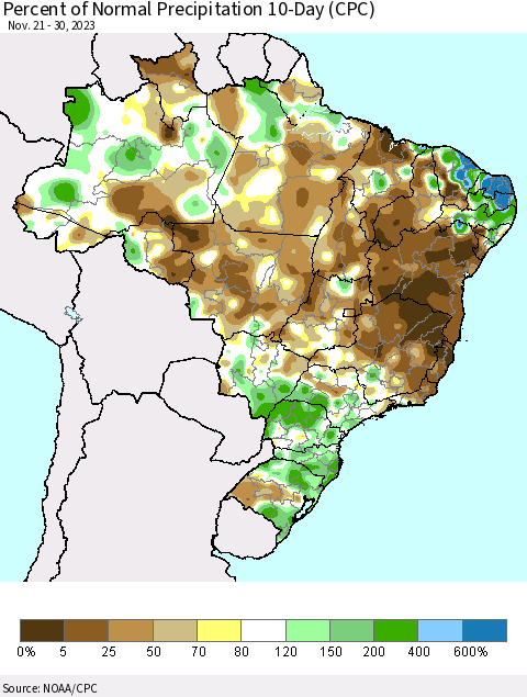 Brazil Percent of Normal Precipitation 10-Day (CPC) Thematic Map For 11/21/2023 - 11/30/2023