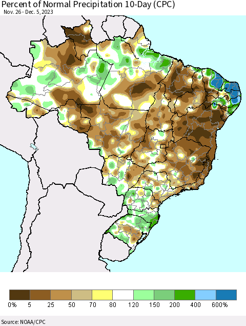 Brazil Percent of Normal Precipitation 10-Day (CPC) Thematic Map For 11/26/2023 - 12/5/2023