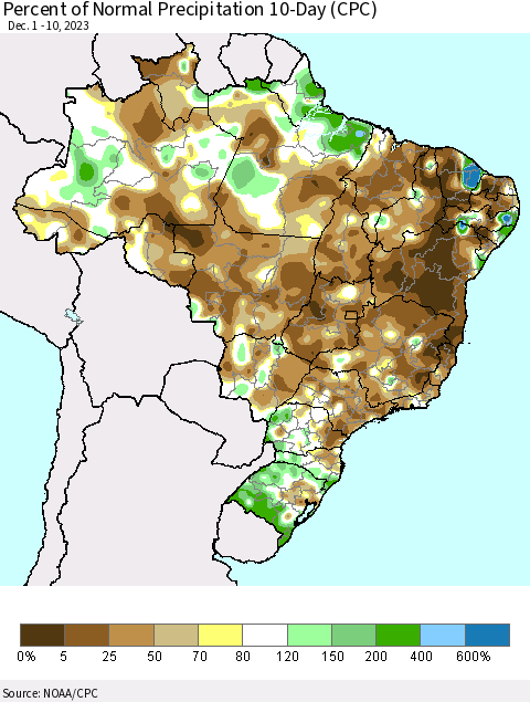 Brazil Percent of Normal Precipitation 10-Day (CPC) Thematic Map For 12/1/2023 - 12/10/2023