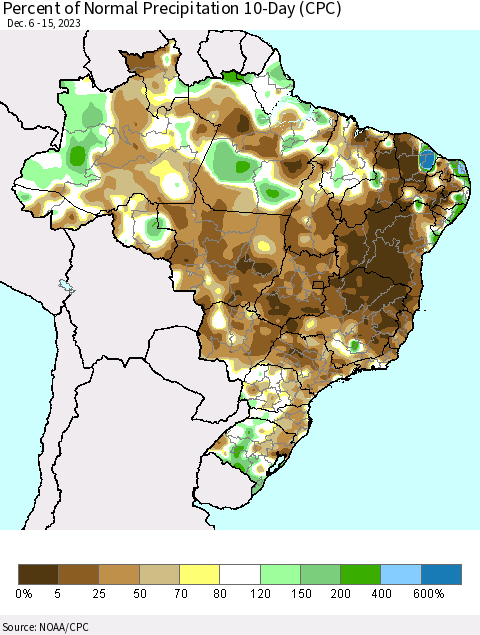 Brazil Percent of Normal Precipitation 10-Day (CPC) Thematic Map For 12/6/2023 - 12/15/2023