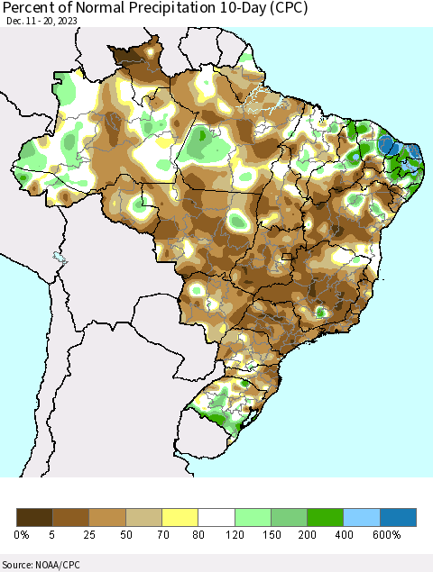 Brazil Percent of Normal Precipitation 10-Day (CPC) Thematic Map For 12/11/2023 - 12/20/2023