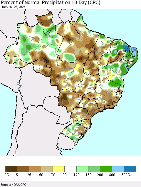 Brazil Percent of Normal Precipitation 10-Day (CPC) Thematic Map For 12/16/2023 - 12/25/2023