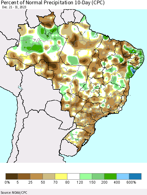 Brazil Percent of Normal Precipitation 10-Day (CPC) Thematic Map For 12/21/2023 - 12/31/2023