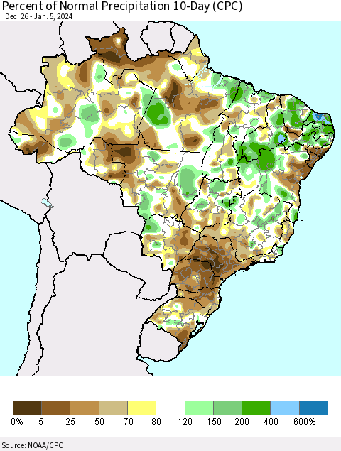 Brazil Percent of Normal Precipitation 10-Day (CPC) Thematic Map For 12/26/2023 - 1/5/2024
