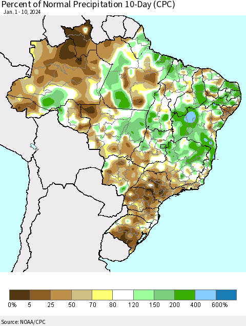 Brazil Percent of Normal Precipitation 10-Day (CPC) Thematic Map For 1/1/2024 - 1/10/2024