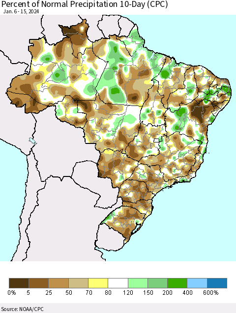 Brazil Percent of Normal Precipitation 10-Day (CPC) Thematic Map For 1/6/2024 - 1/15/2024