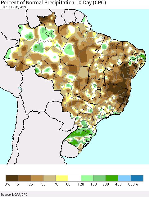 Brazil Percent of Normal Precipitation 10-Day (CPC) Thematic Map For 1/11/2024 - 1/20/2024