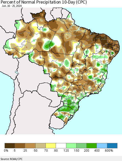 Brazil Percent of Normal Precipitation 10-Day (CPC) Thematic Map For 1/16/2024 - 1/25/2024