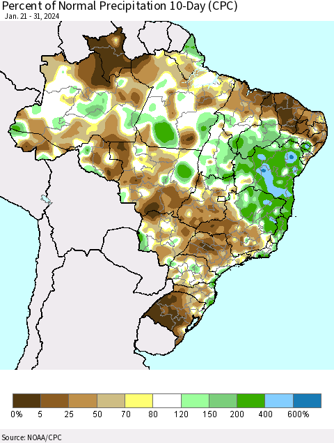 Brazil Percent of Normal Precipitation 10-Day (CPC) Thematic Map For 1/21/2024 - 1/31/2024