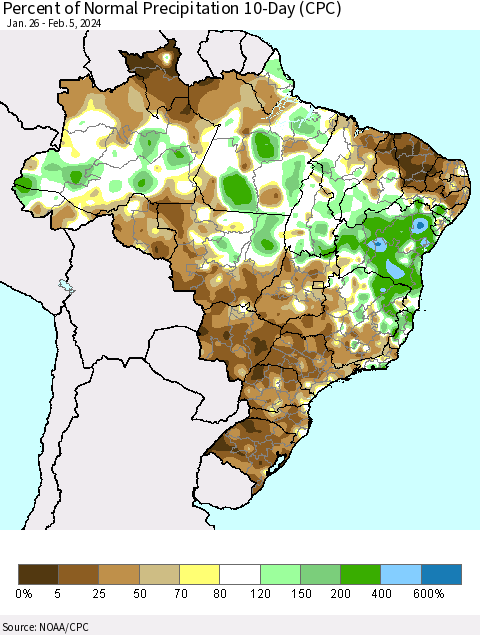 Brazil Percent of Normal Precipitation 10-Day (CPC) Thematic Map For 1/26/2024 - 2/5/2024