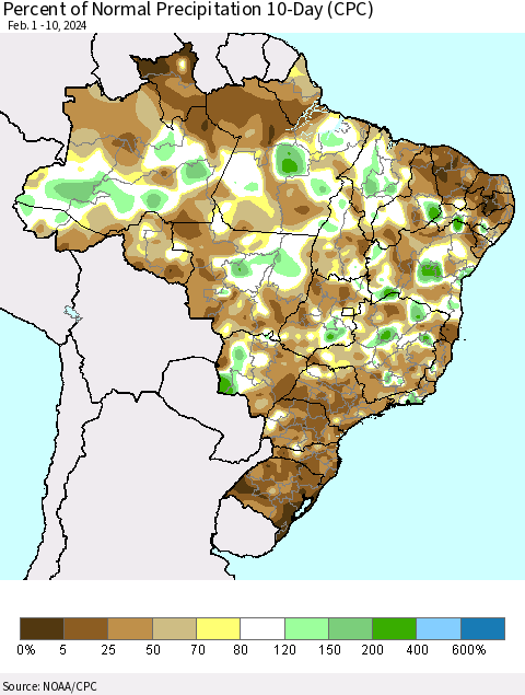 Brazil Percent of Normal Precipitation 10-Day (CPC) Thematic Map For 2/1/2024 - 2/10/2024