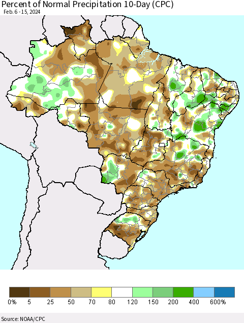Brazil Percent of Normal Precipitation 10-Day (CPC) Thematic Map For 2/6/2024 - 2/15/2024