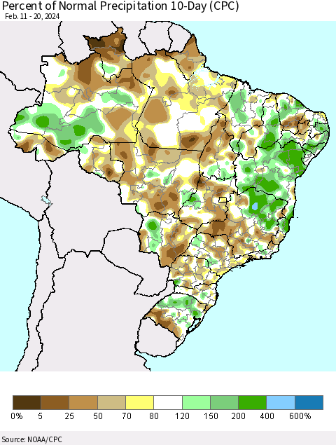Brazil Percent of Normal Precipitation 10-Day (CPC) Thematic Map For 2/11/2024 - 2/20/2024