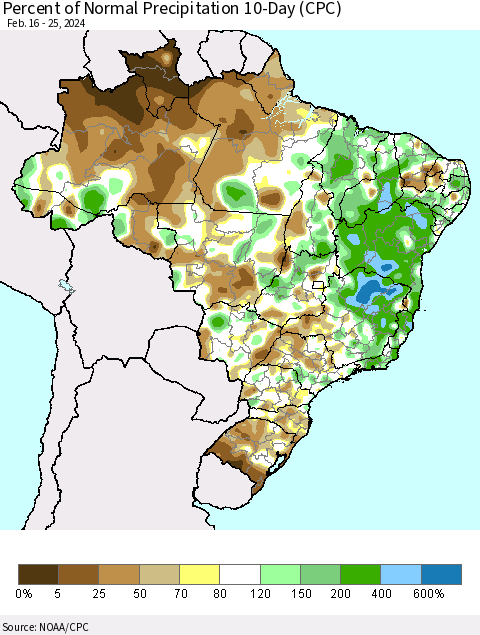 Brazil Percent of Normal Precipitation 10-Day (CPC) Thematic Map For 2/16/2024 - 2/25/2024