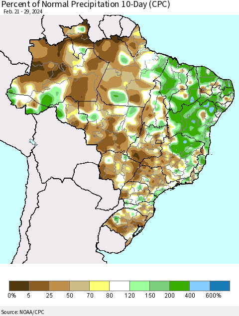 Brazil Percent of Normal Precipitation 10-Day (CPC) Thematic Map For 2/21/2024 - 2/29/2024