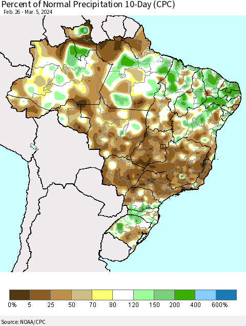 Brazil Percent of Normal Precipitation 10-Day (CPC) Thematic Map For 2/26/2024 - 3/5/2024