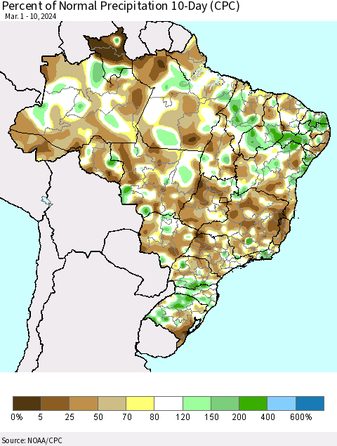 Brazil Percent of Normal Precipitation 10-Day (CPC) Thematic Map For 3/1/2024 - 3/10/2024