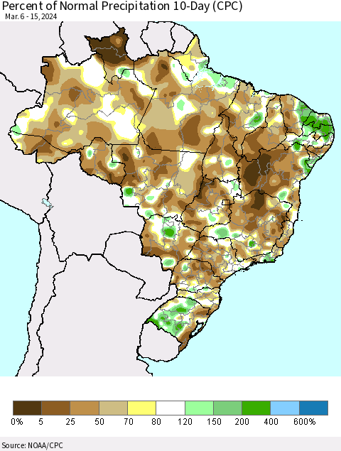 Brazil Percent of Normal Precipitation 10-Day (CPC) Thematic Map For 3/6/2024 - 3/15/2024