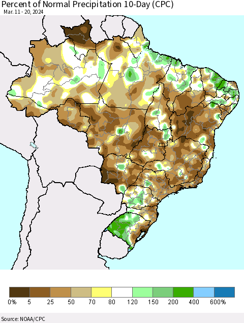Brazil Percent of Normal Precipitation 10-Day (CPC) Thematic Map For 3/11/2024 - 3/20/2024