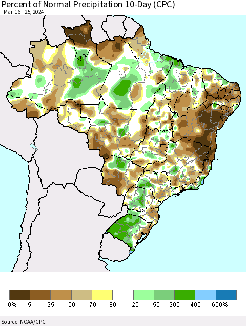 Brazil Percent of Normal Precipitation 10-Day (CPC) Thematic Map For 3/16/2024 - 3/25/2024