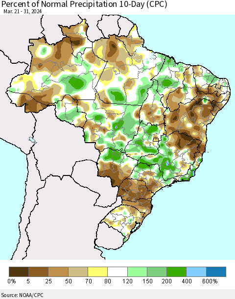 Brazil Percent of Normal Precipitation 10-Day (CPC) Thematic Map For 3/21/2024 - 3/31/2024