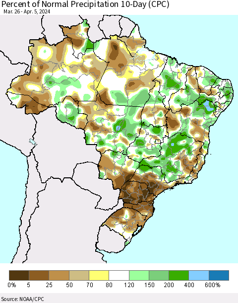 Brazil Percent of Normal Precipitation 10-Day (CPC) Thematic Map For 3/26/2024 - 4/5/2024