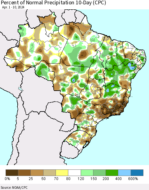 Brazil Percent of Normal Precipitation 10-Day (CPC) Thematic Map For 4/1/2024 - 4/10/2024