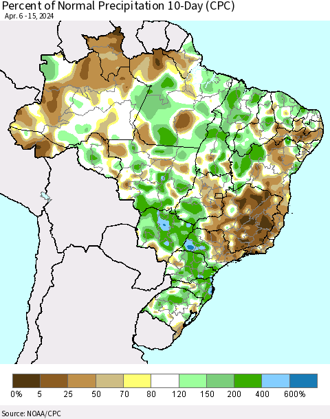 Brazil Percent of Normal Precipitation 10-Day (CPC) Thematic Map For 4/6/2024 - 4/15/2024