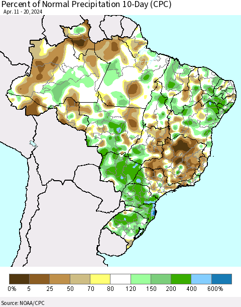 Brazil Percent of Normal Precipitation 10-Day (CPC) Thematic Map For 4/11/2024 - 4/20/2024