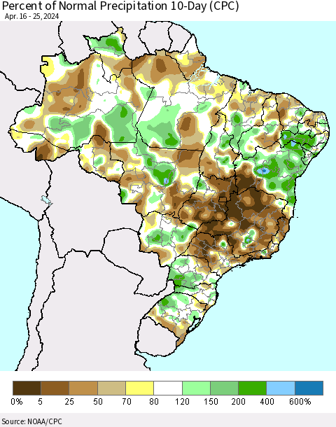 Brazil Percent of Normal Precipitation 10-Day (CPC) Thematic Map For 4/16/2024 - 4/25/2024