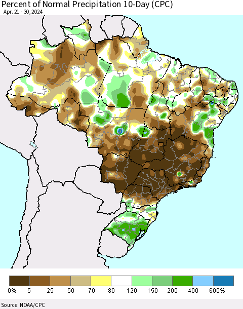 Brazil Percent of Normal Precipitation 10-Day (CPC) Thematic Map For 4/21/2024 - 4/30/2024