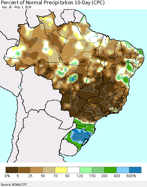 Brazil Percent of Normal Precipitation 10-Day (CPC) Thematic Map For 4/26/2024 - 5/5/2024